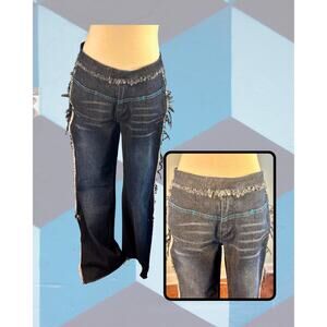 Vintage 90s Fubu Low Rise Split Flare Side Fringe Dark Wash Jeans Size 9/10